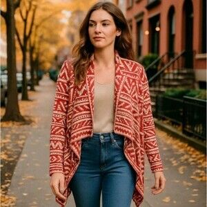 Flying Tomato Open front Cardigan Sweater Women Sm. Red & Cream Aztec Boho Chic